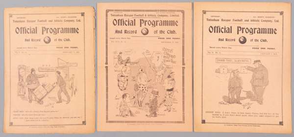Three Tottenham Hotspur home programmes,
 v Burnley 20th February 1909 (FA Cup 3rd), Everton 8th January 1910 (FL Div One) and Bradford P.A. (FL Div T