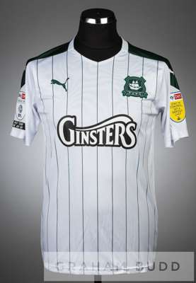 Danny Mayor white and green Plymouth Argyle no.10 away jersey, season 2020-21,
 short-sleeved with SKY BET LEAGUE ONE EFL and SKY BET STAY IN CONTROL 