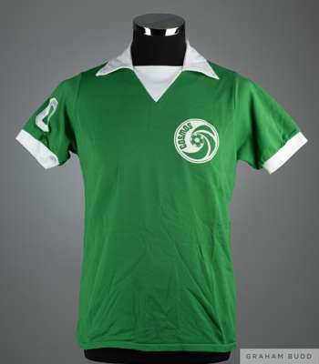 Pele green and white No.10 New York Cosmos match worn shirt, 1977-78, 
 Umbro, Mens, with v-neck style collar and printed Cosmos badge, the reverse le