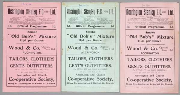 Three Accrington Stanley home programmes season 1923-24,
 F.L. Division Three North fixtures v Halifax Town, Lincoln City & Tranmere Rovers