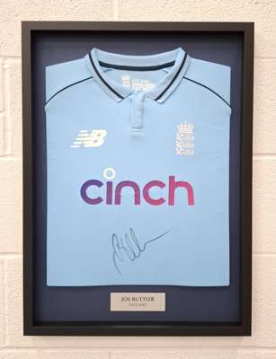 Jos Buttler signed light blue, framed England One Day short-sleeved shirt