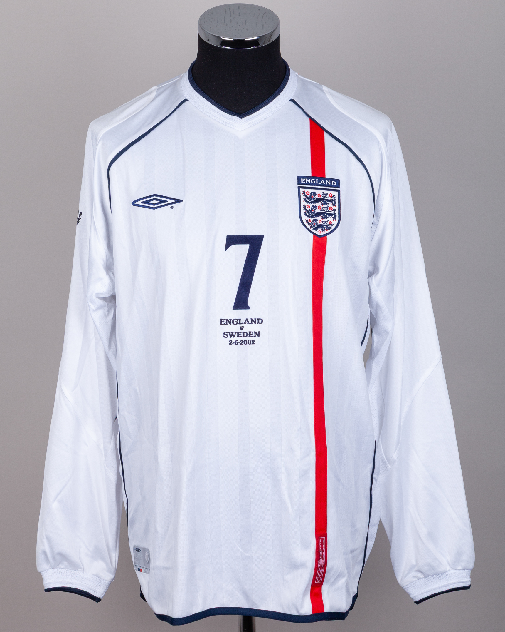 David Beckham white No.7 England v. Sweden match issued World Cup
