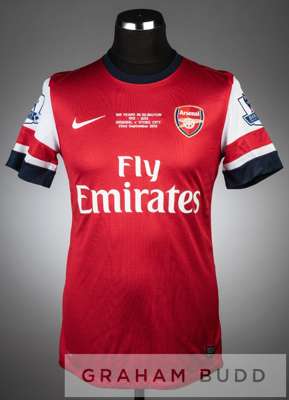 Theo Walcott red and white Arsenal no.14 home jersey v Stoke City at Emirate Stadium, 22nd September 2013,
 short-sleeved with BARCLAYS PREMIER LEAGUE