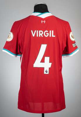 Virgil van Dijk red Liverpool no.4 home jersey worn in the match v Arsenal 28th September 2020,
 Nike, short-sleeved with PREMIER LEAGUE CHAMPIONS 201