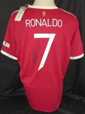 Cristiano Ronaldo signed Manchester United 2021-22 home jersey, 
 with premier league patch to arm, brand new with adidas tags still attached. Ronaldo