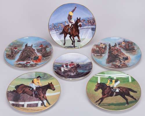 Collection of nine horse racing china plates