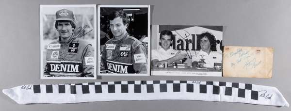 Three signed b & w photographs of legendary F1 drivers and tennis legend Stan Smith's autograph,
 comprising 8.5 by 6.5in. photograph of Thierry Bouts