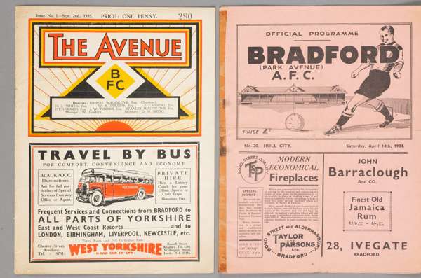 Two Bradford Park Avenue home programmes,
 F.L. Division Two fixtures v Hull City 14th April 1934 and West Ham United 2nd September 1935, (2)