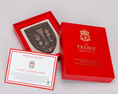 A Liverpool privately commissioned plaque commemorating the 2000-01 Treble