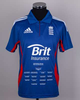 blue and red England v. New Zealand Winter Tour ODI Series 2013 autographed cricket shirt