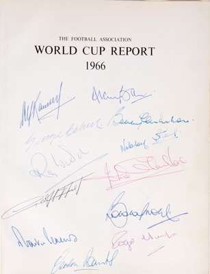 Official Football Association 1966 World Cup Report fully signed by Alf Ramsey and the 11 England players, signed on the preliminary title page, signa