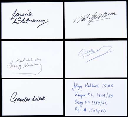 A collection of of football autographs, comprising 190 signed 5 by 3in. index cards, most of which are signed by players from the 1950s - 1980s includ