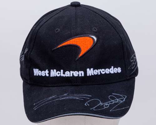 Kimi Raikkonen and David Coulthard autographed black West McLaren Mercedes baseball cap