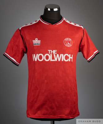 Red and white No.14 Charlton Athletic rare 1st season Admiral short-sleeved shirt, 1988-89, 
 Admiral, L, with v-neck collar and embroidered badge ins