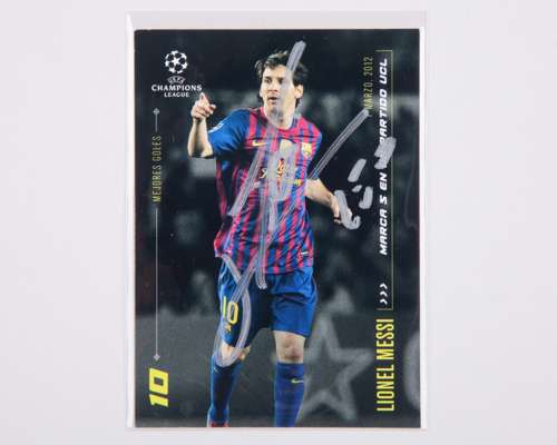 Lionel Messi autographed Barcelona Champions League Topps Mejores Goles trading card
