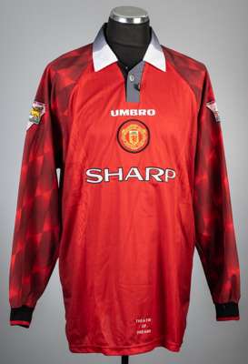 Ben Thornley red Manchester United no.23 home jersey, season 1997-98,
 Umbro, long-sleeved with THE FA PREMIER LEAGUE CHAMPIONS 1996-1997 sleeve badge