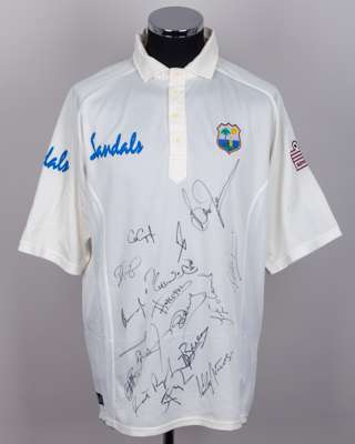West Indies v. England Test series autographed cricket white short-sleeved shirt, 2004