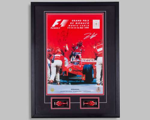 1999 Monaco Grand Prix Framed Artwork Signed by Michael Schumacher and Eddie Irvine