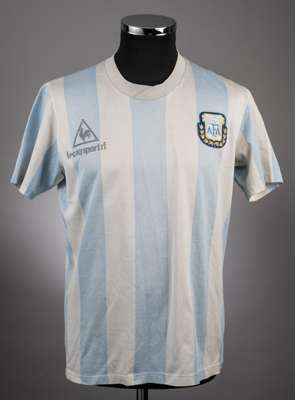 Diego Maradona blue & white striped Argentina No.10 international jersey circa 1988,
 Le Coq Sportif, short-sleeved, AFA badge