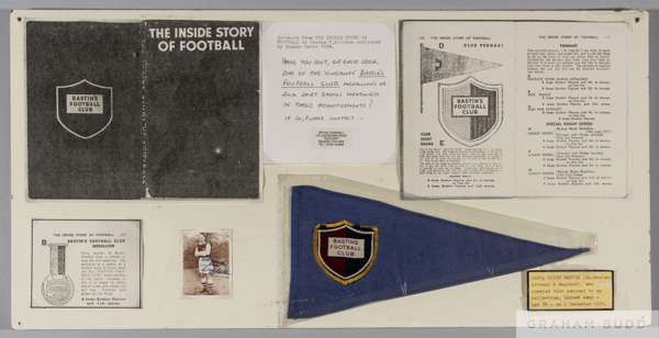 Original Bastins Football Club pennant
 with signed player profile card and various reproduction pages relating to The Inside Story of Football, in co