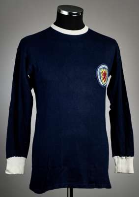 Blue Scotland no.5 home jersey, circa mid 1960s,
 T. Alexander & Sons, long-sleeved with white collar and cuffs, embroidered national emblem badge, re