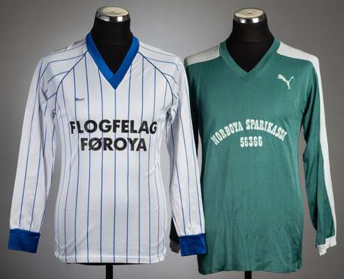 Two Faroe Islands football jersey's,
 comprising white and blue pin stripe no.9 long-sleeved jersey, with Berri neck label, lettered FLOGFELAG FOROYA 