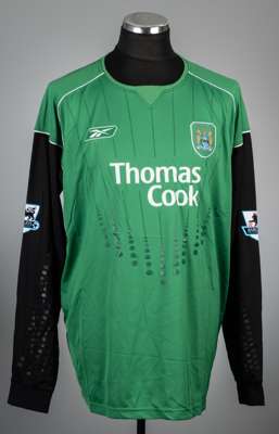 David James green and black Manchester City no.1 goalkeeper's jersey, season 2005-06,
 Reebok, long-sleeved with BARCLAYS PREMIERSHIP sleeve badges, c