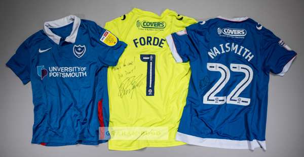 Three signed Portsmouth FC jersey's,
 comprising Ellis Harrison blue and white no.10 home jersey, season 2020-21, short-sleeved with SKYBET LEAGUE ONE