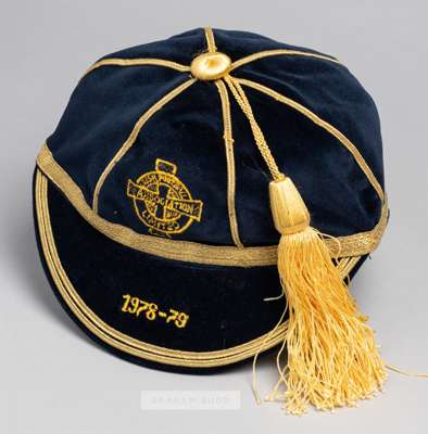 Dark blue Northern Ireland international cap awarded to Middlesbrough's Terry Cochrane for the 1978-79 British Home Championship,

 Winger Terry Cochr