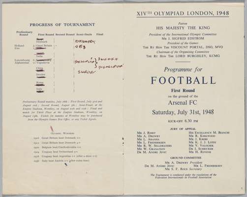 London 1948 Olympic Games signed Football programme first round Great Britain v Holland, played at Arsenal's Highbury ground, 31st July 1948,
 four-pa