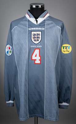 Paul Ince grey England No. 4 away jersey from the Euro 96 Semi-final game v Germany played at Wembley Stadium 26/6/96
 Player issues spare Umbro long 