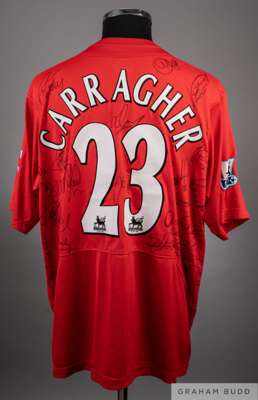 Jamie Carragher squad-signed red Liverpool No.23 home shirt, circa 2006,
 Reebok, short-sleeved, Premier League badges, the reverse lettered CARRAGHER