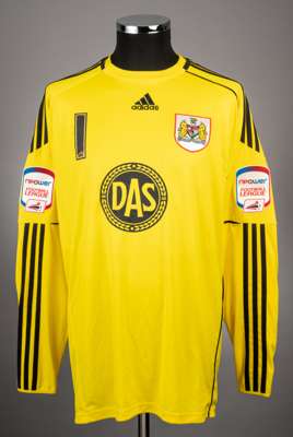 David James yellow and black No.1 Bristol City goalkeeper jersey, 2010-11, 
 Adidas, L, with crew-neck collar and sponge badge inscribed BRISTOL CITY 