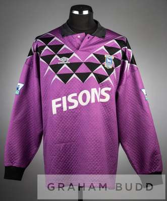 Purple and black Ipswich Town no.1 goalkeeper's jersey, season 1992-93,
 quilted jersey with padded elbows, long-sleeved and THE F.A. PREMIER LEAGUE s