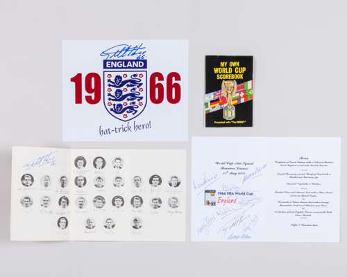 A Dale Hill signed menu card, May 2002, autographed by Banks, Ball, Peters, Jackie Charlton