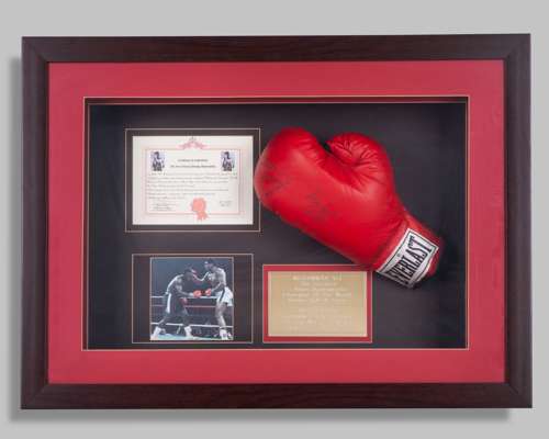 Muhammad Ali and Joe Frazier autographed red Everlast boxing glove display