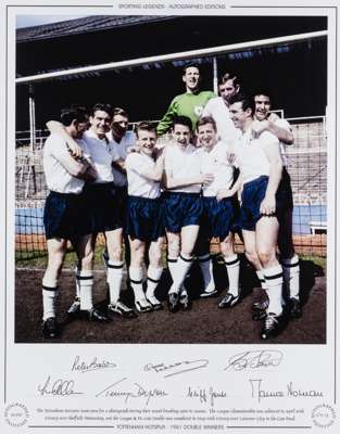Sporting Legends Tottenham Hotspur 1961 Double Winners signed colour photographic print,
 featuring ten of Tottenham Hotspur team in the goal mouth ab