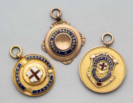 Three 9ct gold and enamel football medals for football in London, 
 comprising the first inscribed London Football League, Hampstead Town FC 1913-14, 