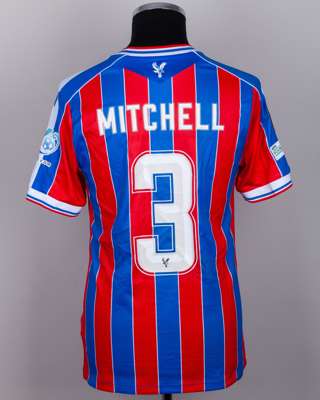 Tyrick Mitchell red and blue No.3 Crystal Palace v. AEK Larnaca match worn shirt