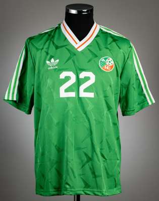 Green Republic of Ireland no.22 jersey from the 1992 US Cup,
 Adidas, short-sleeved with FA Ireland badges and Adidas logo, numbered 22 on front and r