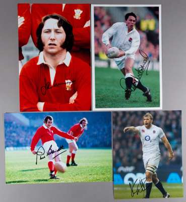 International rugby stars and legends signed photographs,
 signatures including C Robshaw, R Underwood, D Richards, L Dallaglio, P Bennett, J.P.R Will