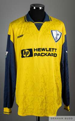 Clive Wilson yellow and blue No.15 Tottenham Hotspur match worn long-sleeved shirt, 1996-97, 
 Pony, XL, with v-neck collar and embroidered cloth badg