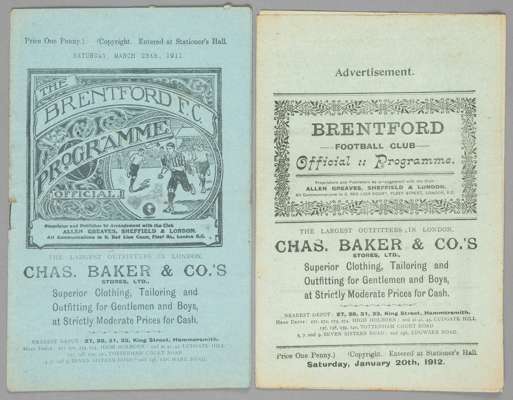 Two Brentford v New Brompton programmes,
 Southern League Division One fixtures, 25th March 1911 and 20th January 1912, (2), wear to both, spine worn 
