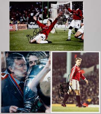 Manchester United European Cup Winners 1999 three signed photographs of the winning goal scorers and their greatest manager,
 Teddy Sheringham, Ole Gu