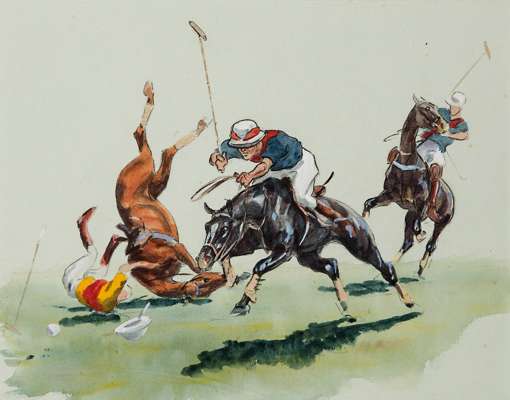 John Arthur Board (1886-1975) POLO PLAYERS pen & ink & watercolour, 19 by 24cm., mounted ready for framing