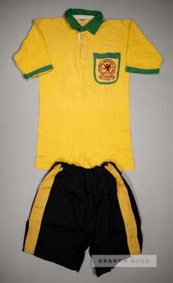 Ray Lambert yellow and green Wales international no.3 jersey & shorts, circa 1947,
 the short-sleeved jersey with embroidered chest pocket FOOTBALL AS
