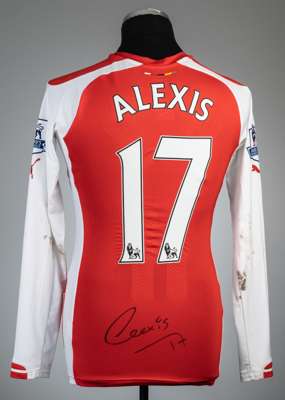 Alexis Sanchez signed red Arsenal no.17 home jersey, season 2014-15,
 Puma, long-sleeved with BARCLAYS PREMIER LEAGUE sleeve badges, club crest and sp