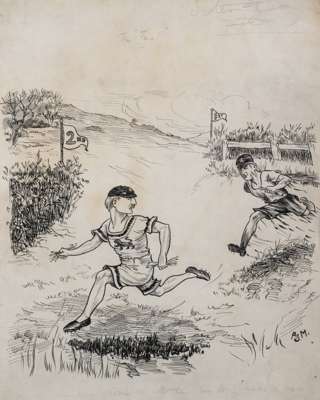 Original artwork for a cartoon featuring the England and Australia cricketers George Hirst and Monty Noble, and relating the 1903-04 Ashes series,
 si