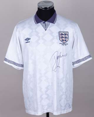 John Barnes autographed white England short-sleeved shirt, 1990
