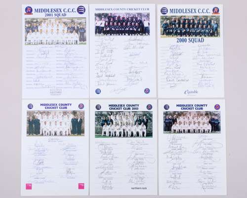 Twelve Middlesex autographed team sheets, 1989 to 2005
